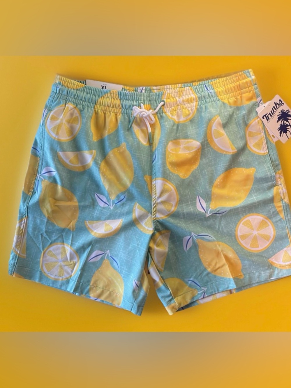 Trunks Surf & Swim Co Men's XL Sano Swim Shorts Lemon Print Mint Green 6.5" NWT
